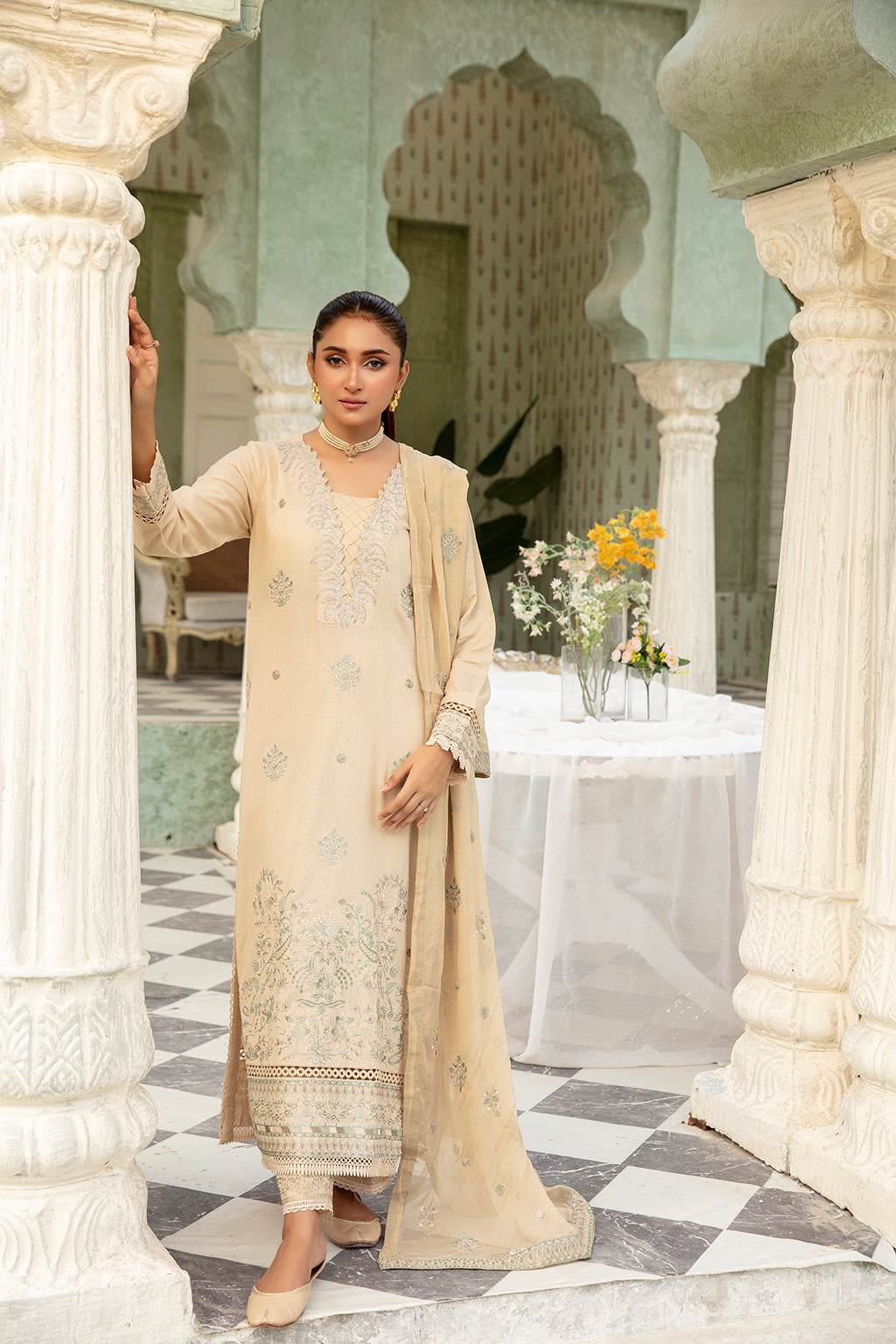3Piece - Embroidered Summer karandi Suit Mink JH288