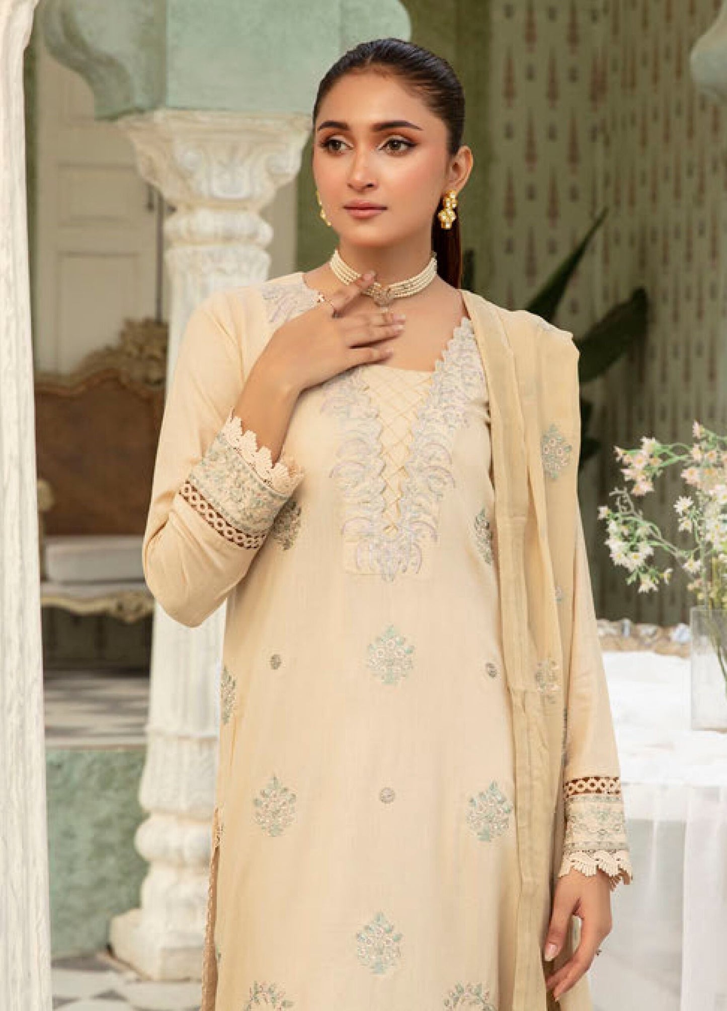 3Piece - Embroidered Summer karandi Suit Mink JH288