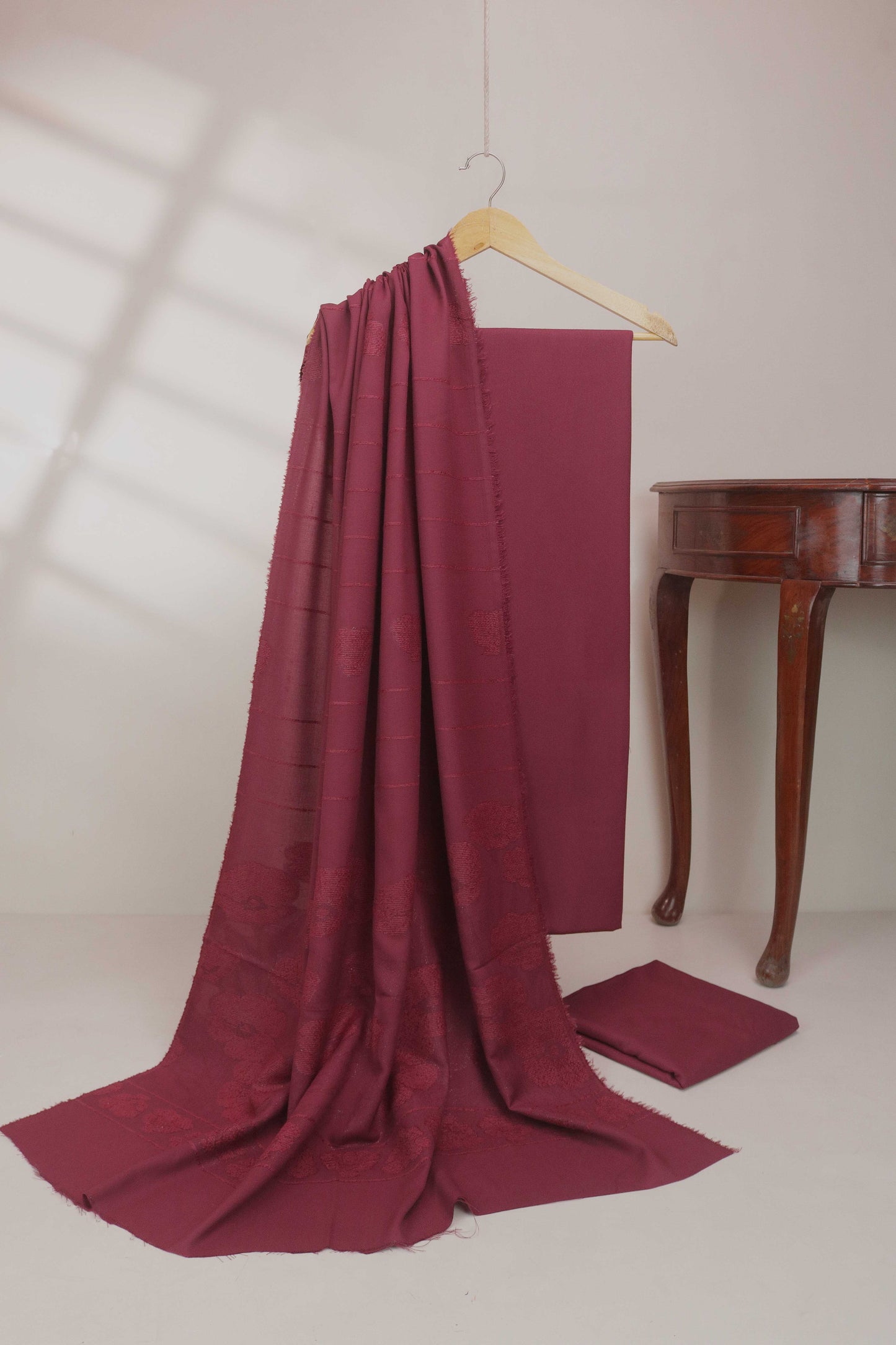 3Piece - Karandi with Wool Shawl SRK Mehroon2