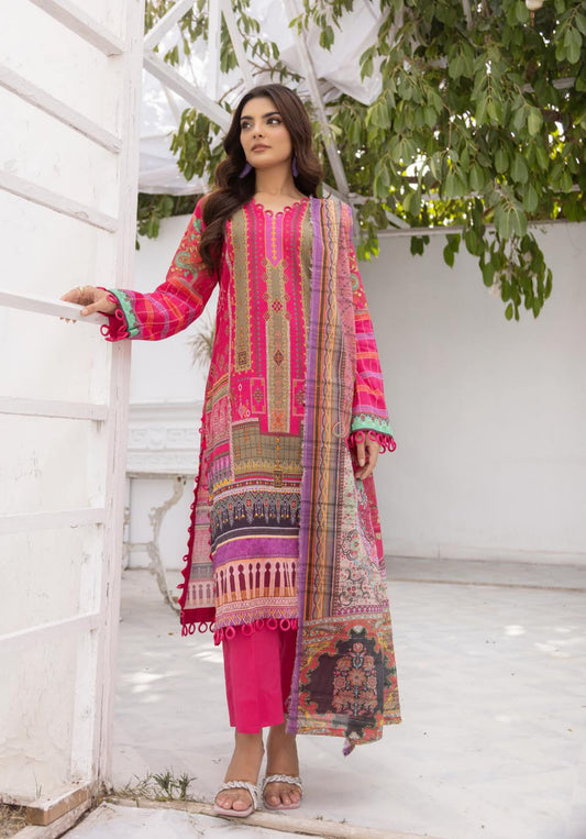 3Piece - Superior Printed Lawn Suit Carnation  D020