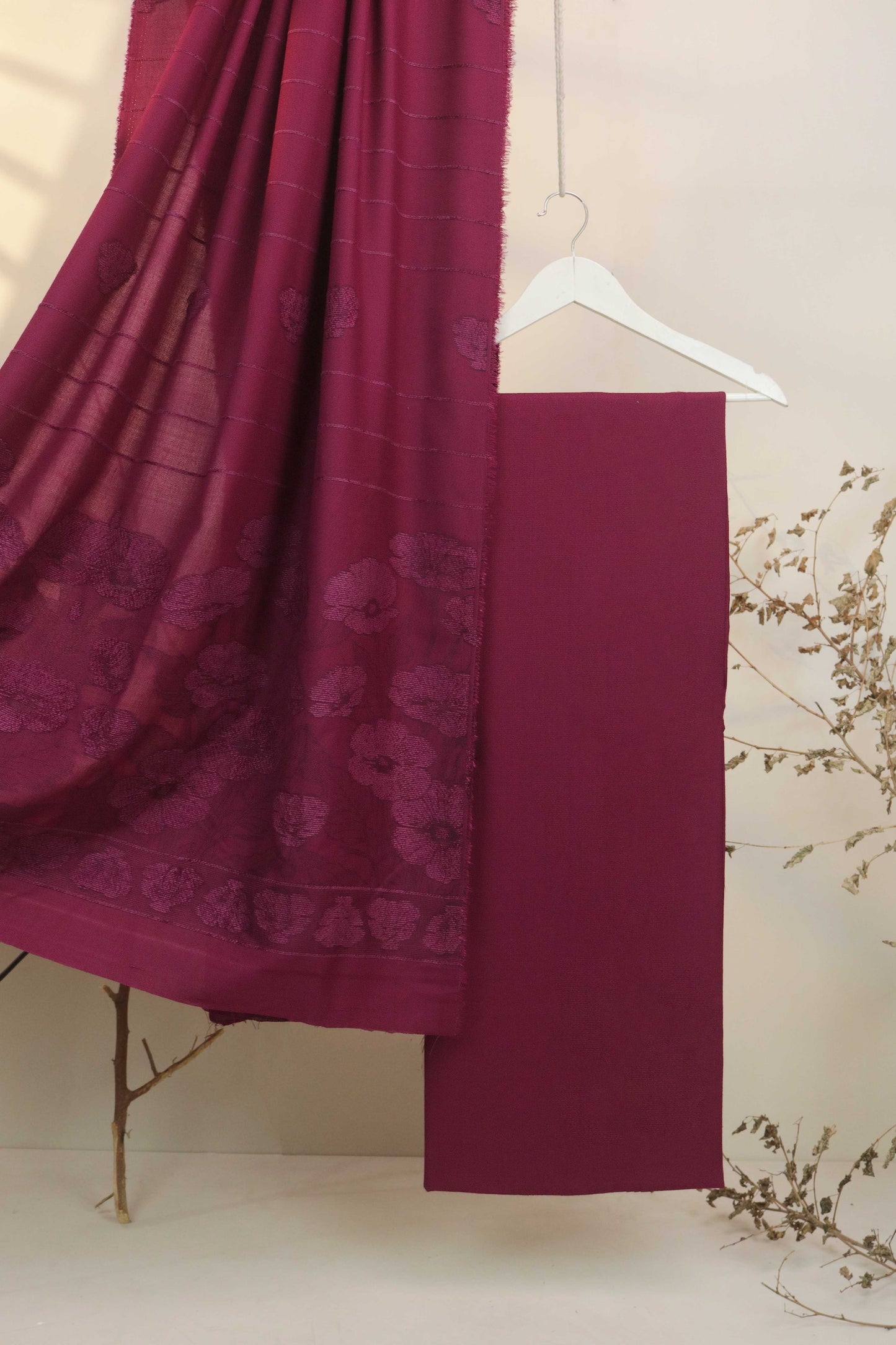 3Piece - Karandi with Wool Shawl SRK Mehroon