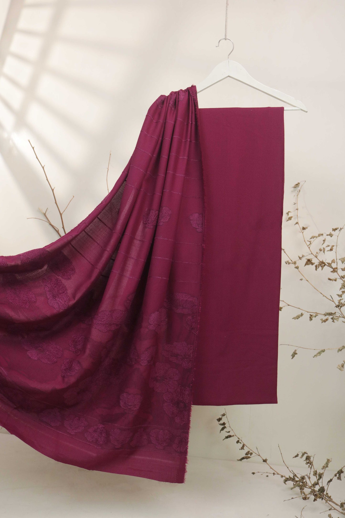 3Piece - Karandi with Wool Shawl SRK Mehroon
