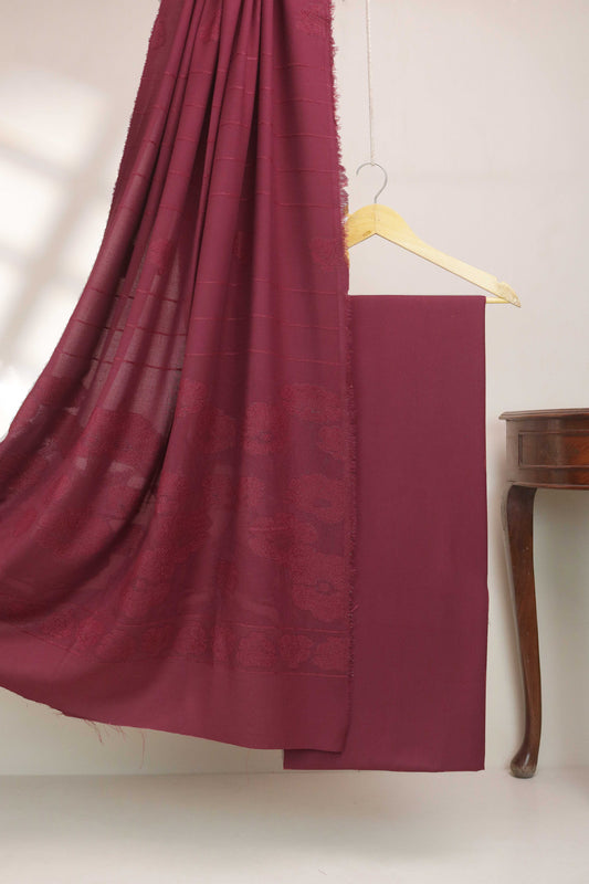3Piece - Karandi with Wool Shawl SRK Mehroon2