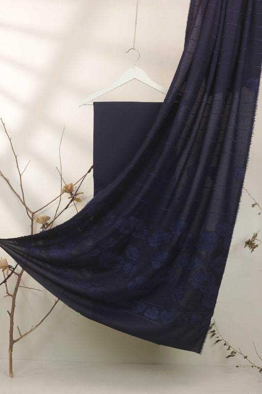 3Piece - Karandi with Wool Shawl SRK Navy blue