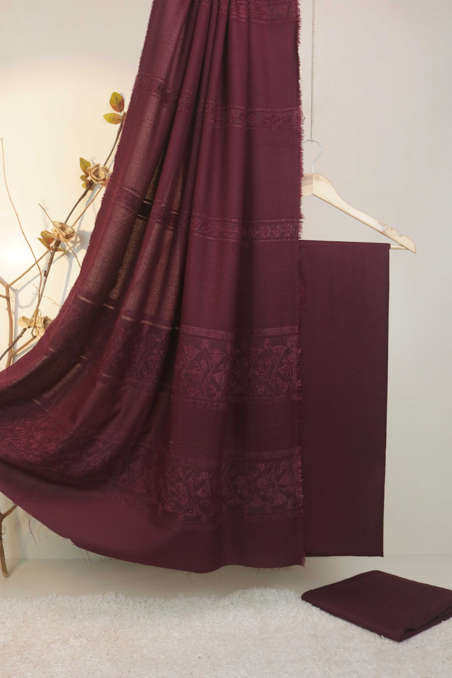 3Piece - Karandi with Wool Shawl SRK Deepmehroon