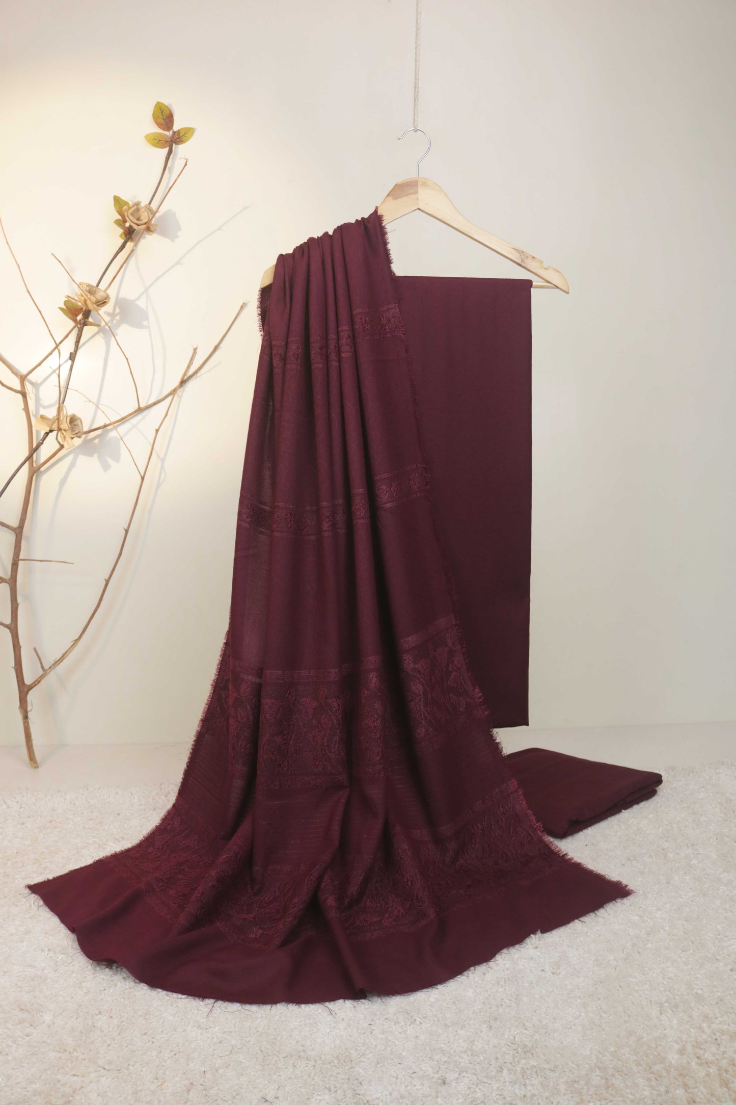 3Piece - Karandi with Wool Shawl SRK Deepmehroon
